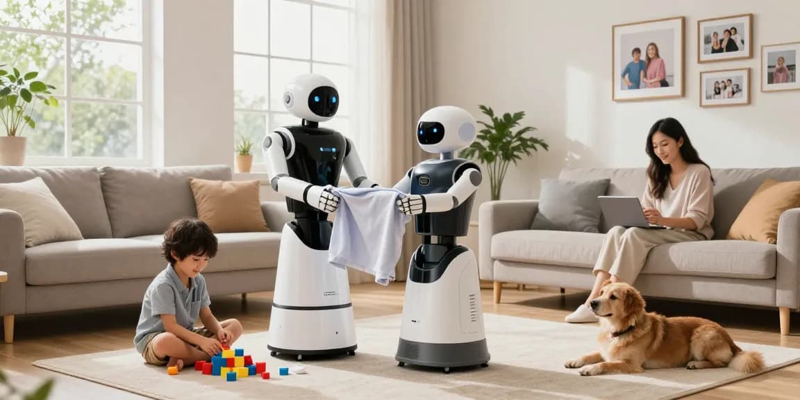 Home robot assisting a family by folding laundry in a modern living room.
