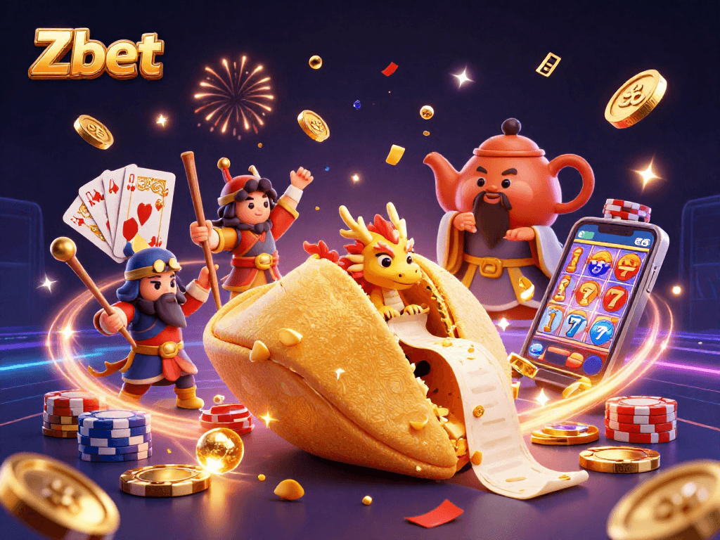 Experience thrilling wins at Zbet with golden fortunes, spinning roulettes, and playful dragons in a vibrant casino atmosphere.