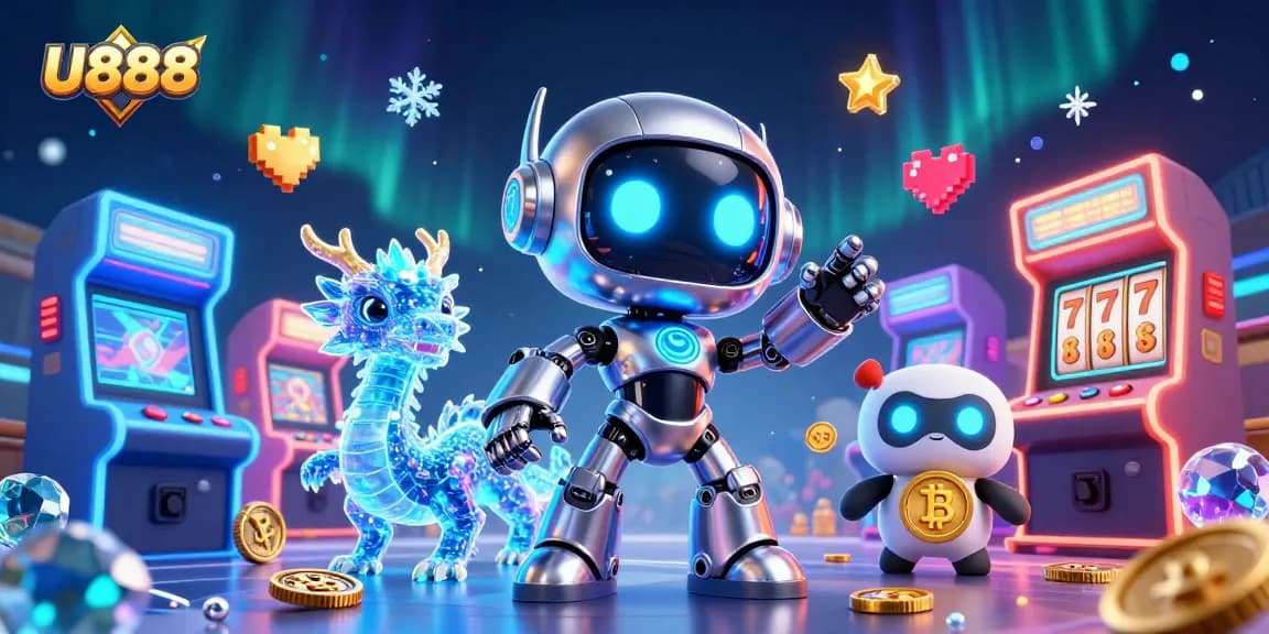 Experience thrilling gameplay at U888 with vibrant 3D visuals of a cyberpunk robot and casino elements.