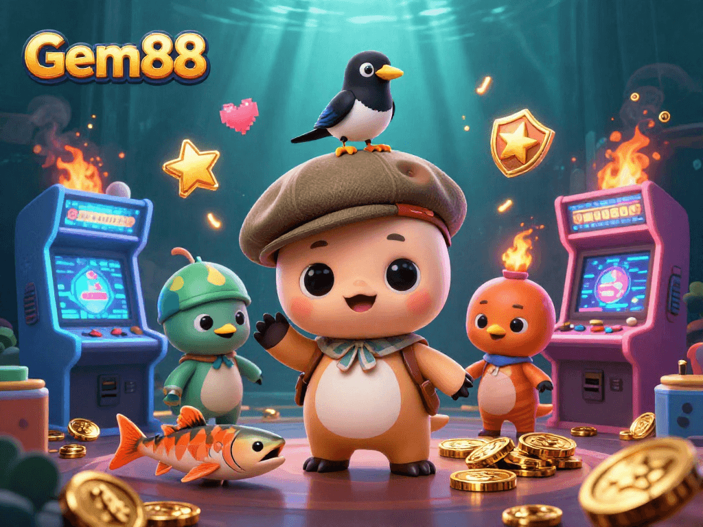 Engage with Gem88, a vibrant illustration showcasing playful characters amid dynamic casino games.