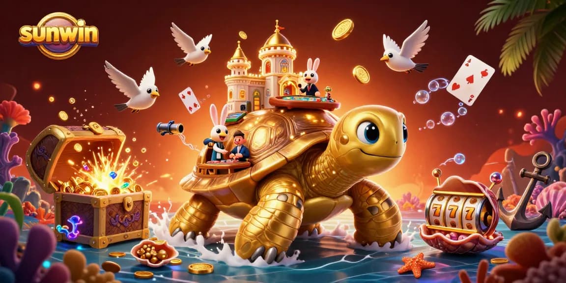 Experience the excitement of sunwin with a vibrant casino scene featuring a golden tortoise and playing cards.