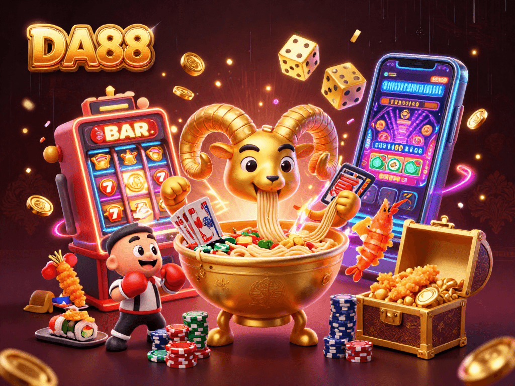 Engage with DA88 as a giant ramen bowl character stacks chips while a sushi roll dealer and gyoza sidekick cheer.