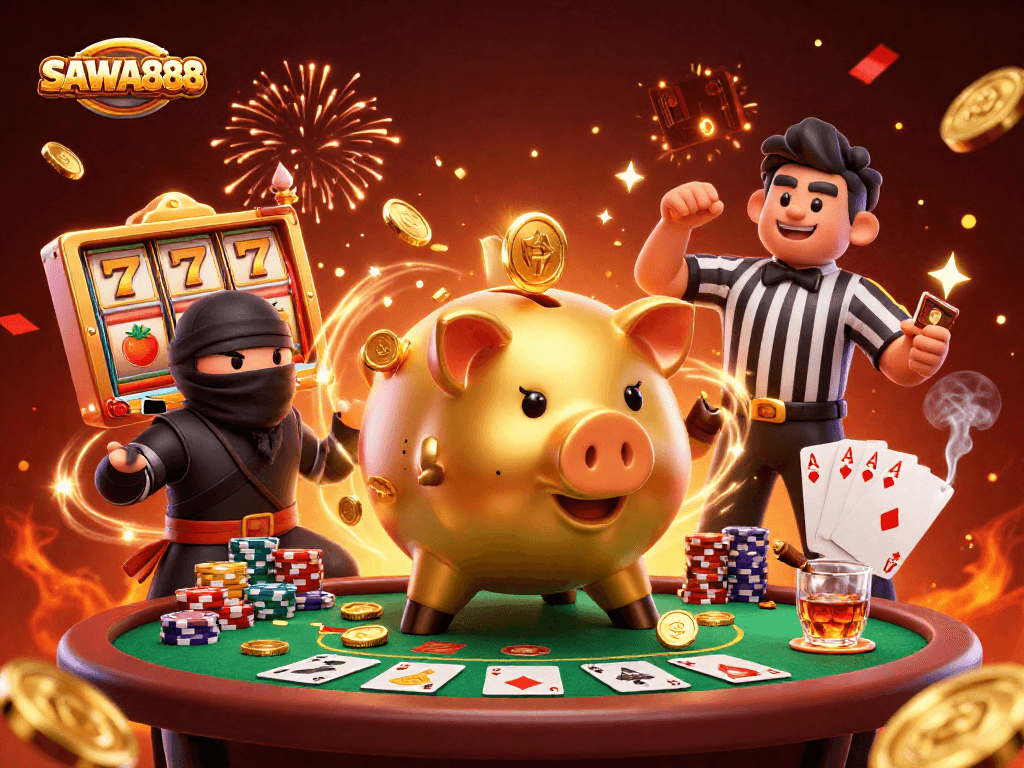 SAWA888 explores thrilling slots with a golden piggy bank sumo wrestler amidst lively gaming action.