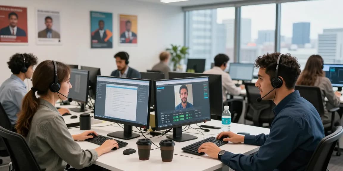 Agents utilizing call centre software in a modern office setting, promoting effective communication and teamwork.