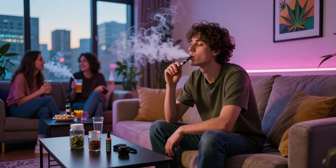 Young adult enjoying weed pens in a stylish urban apartment with friends and vibrant skyline.