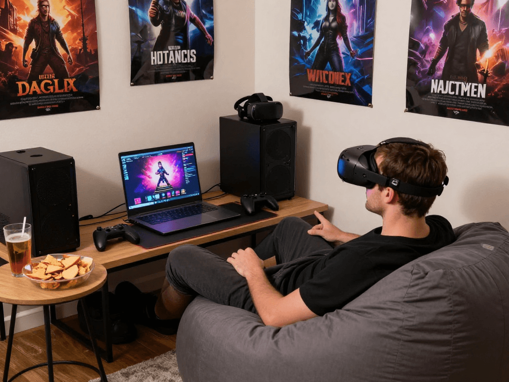 Engaging setup for a porn game experience with vibrant game display and cozy atmosphere