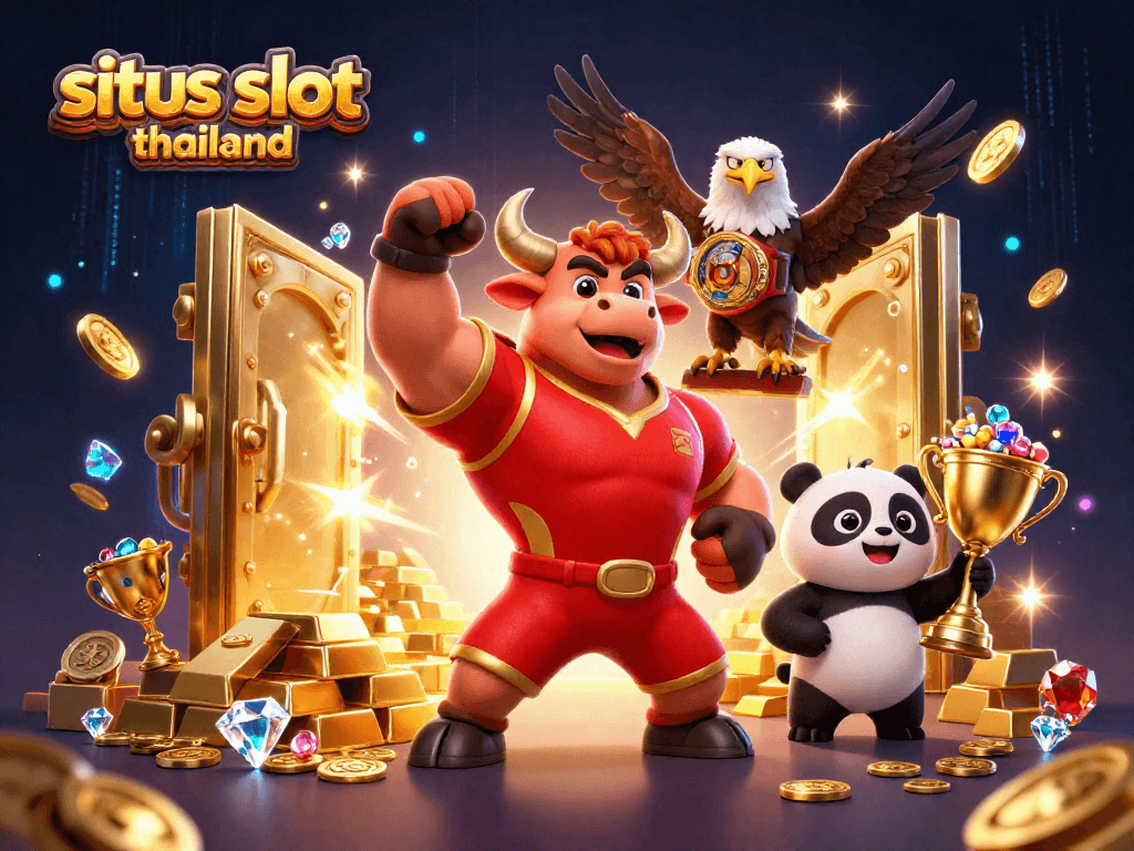 Situs slot Thailand showcases an exciting 3D illustration with a bull, eagle, and panda celebrating a jackpot.