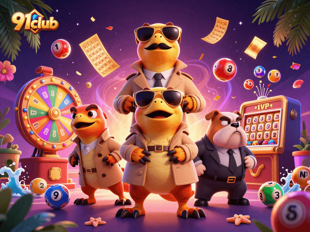 Engage in thrilling gameplay at 91club with vibrant lottery elements and playful characters.