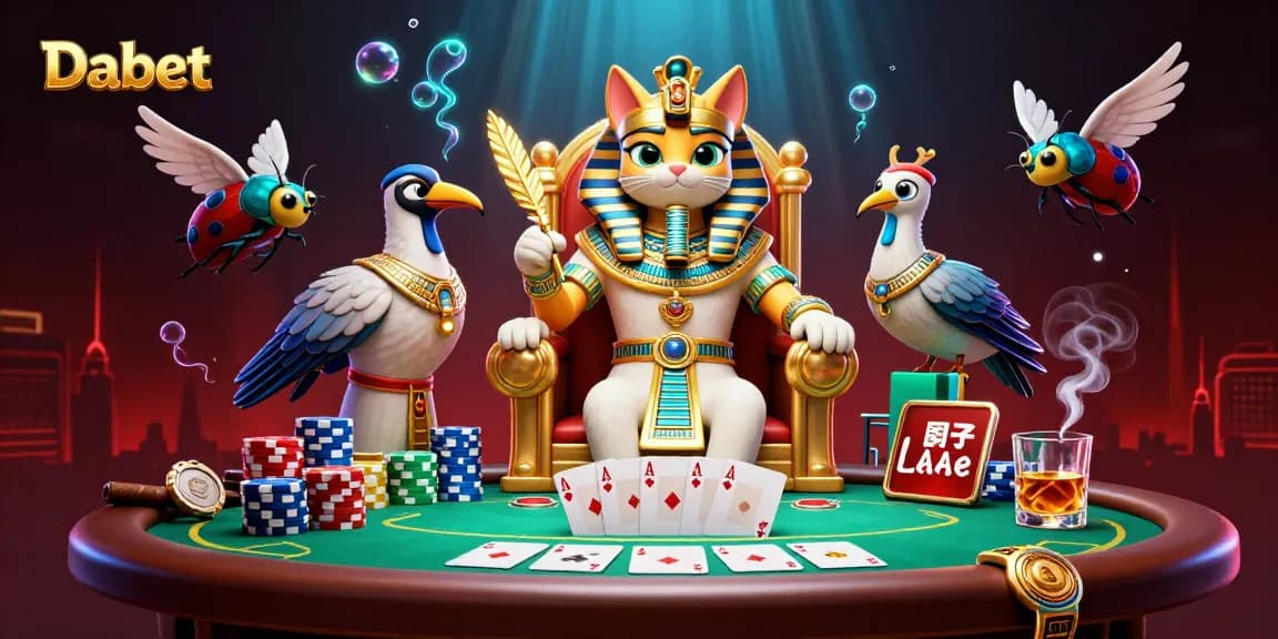 Join Dabet's thrilling casino adventure featuring a cartoon pharaoh cat at a poker table.