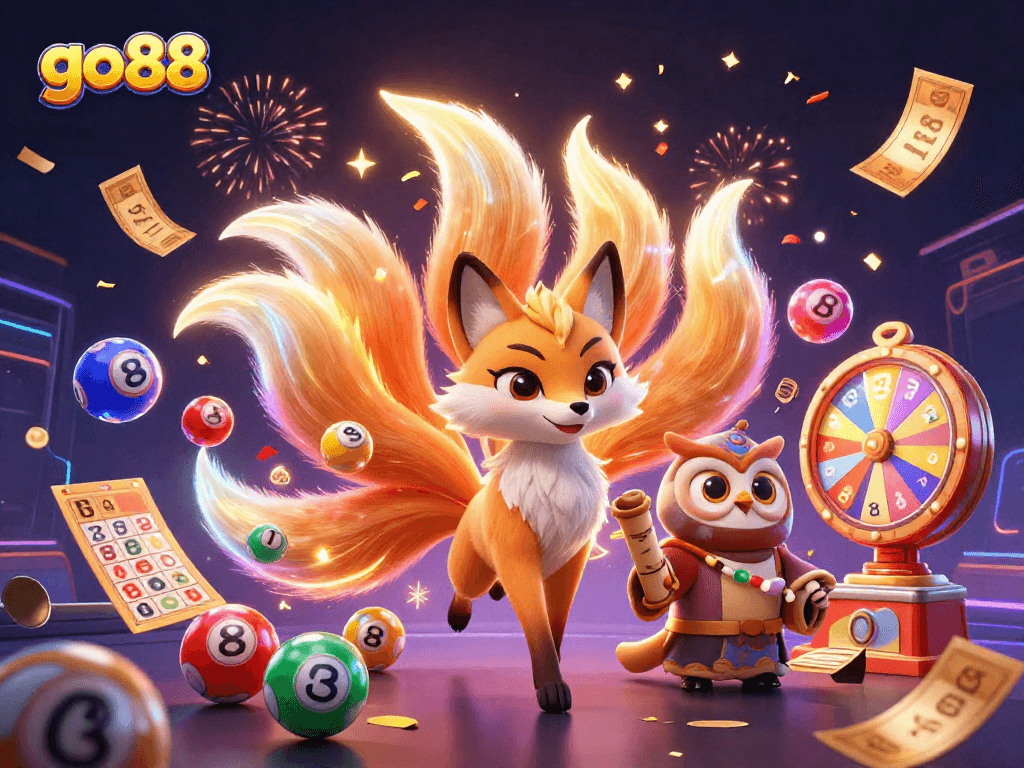 Go88 showcases a vibrant 3D illustration with a glowing fox spirit and celebratory casino elements.