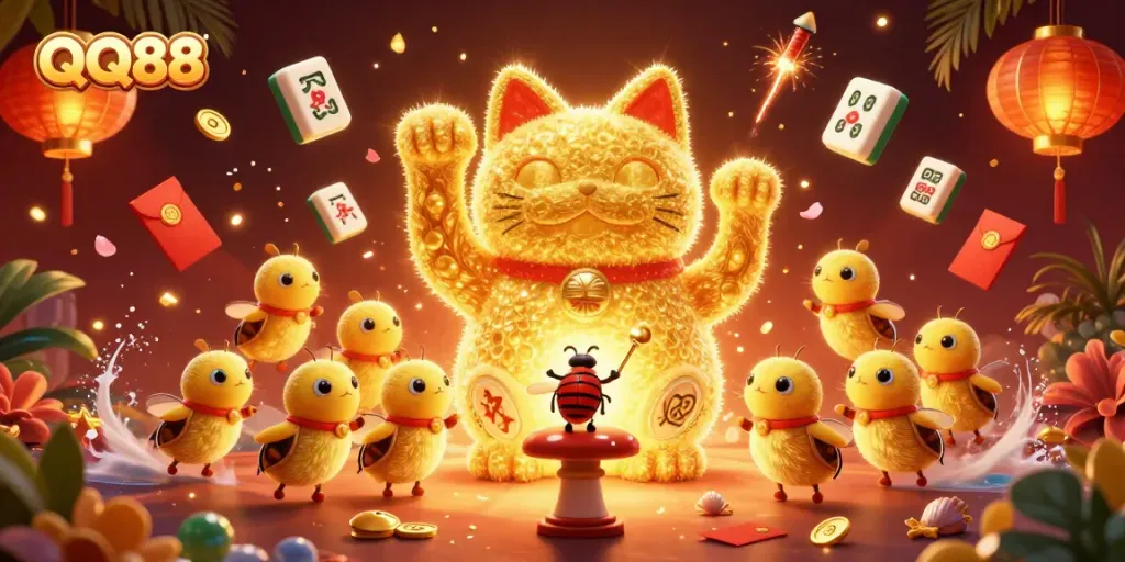 Experience the excitement of QQ88 with a vibrant 3D illustration showcasing gambling elements in an enchanting atmosphere.