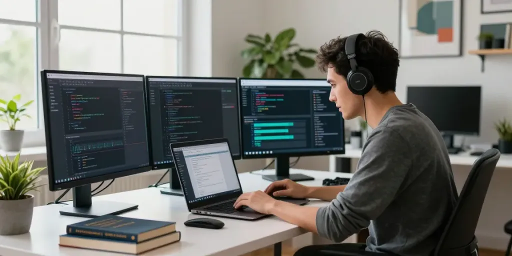 Developer engaged in instant indexing software projects in a modern workspace.