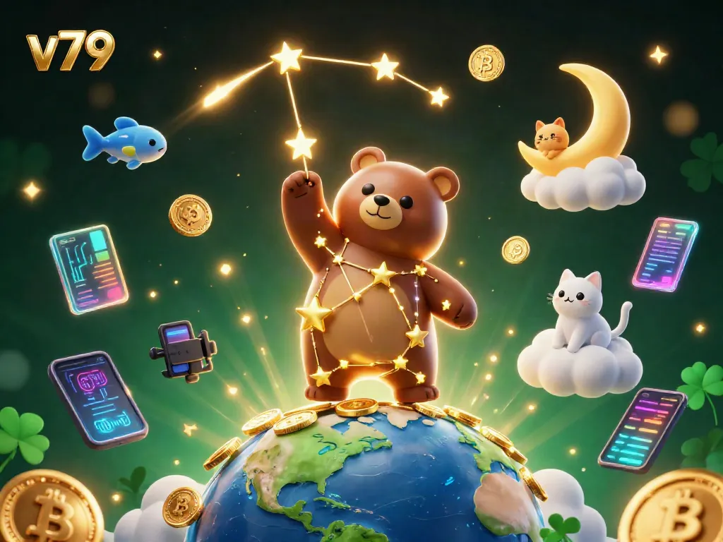 Experience the thrill of v79 gaming with a vibrant magical scene featuring a constellation bear, coins, and crypto elements.