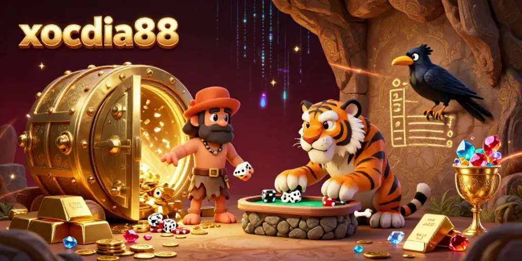 Xocdia88 features a lively prehistoric casino scene with spirited characters amidst dazzling treasures and golden elements.