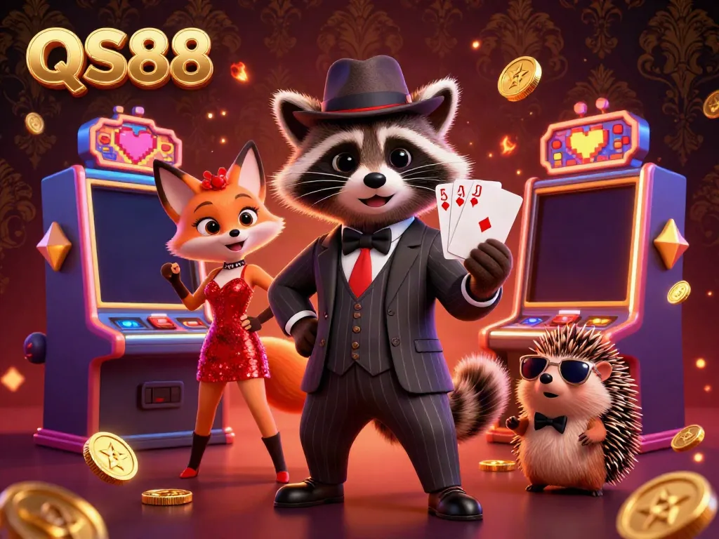 Experience fun at QS88 with a suave raccoon and elegant fox amid glowing casino elements.