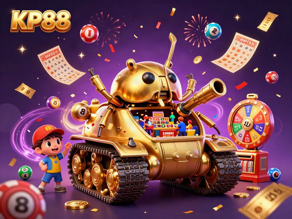 Engage with KP88’s vibrant casino scene showcasing a unique golden beetle tank bursting with games and prizes.
