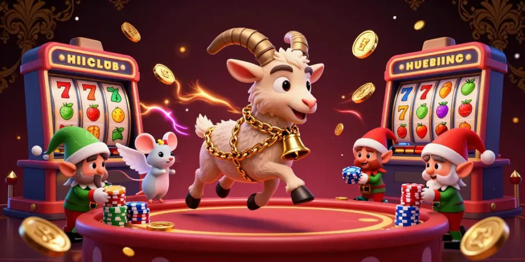 Hitclub's vibrant casino scene with festive Krampus, angel mouse, and mischievous elf gremlins amid dynamic slot machines.