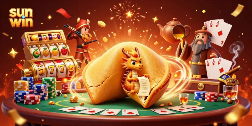 Experience the excitement of sun win with vibrant slot symbols, a wise dragon, and golden fortune cookie magic.