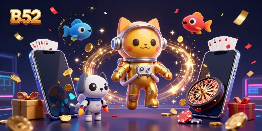 Experience vibrant B52 gaming action with a 3D astronaut cat and robot dog surrounded by slots and poker elements.