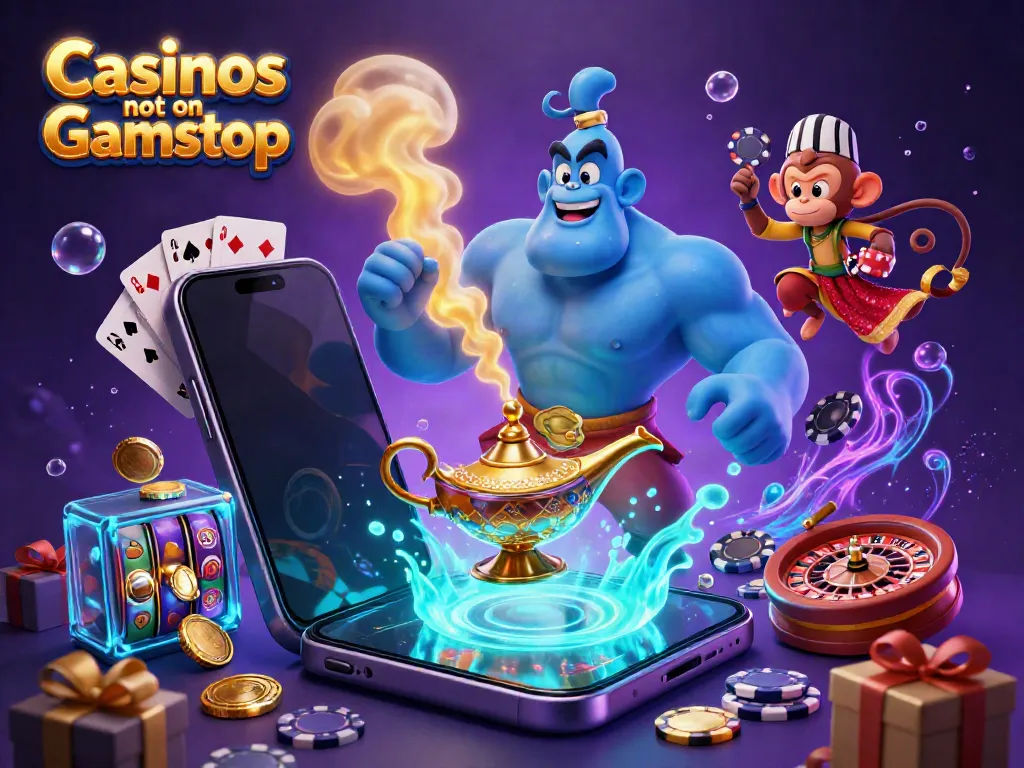 Engage with Casinos not on Gamstop featuring a muscular genie, poker chips, and slot game excitement.