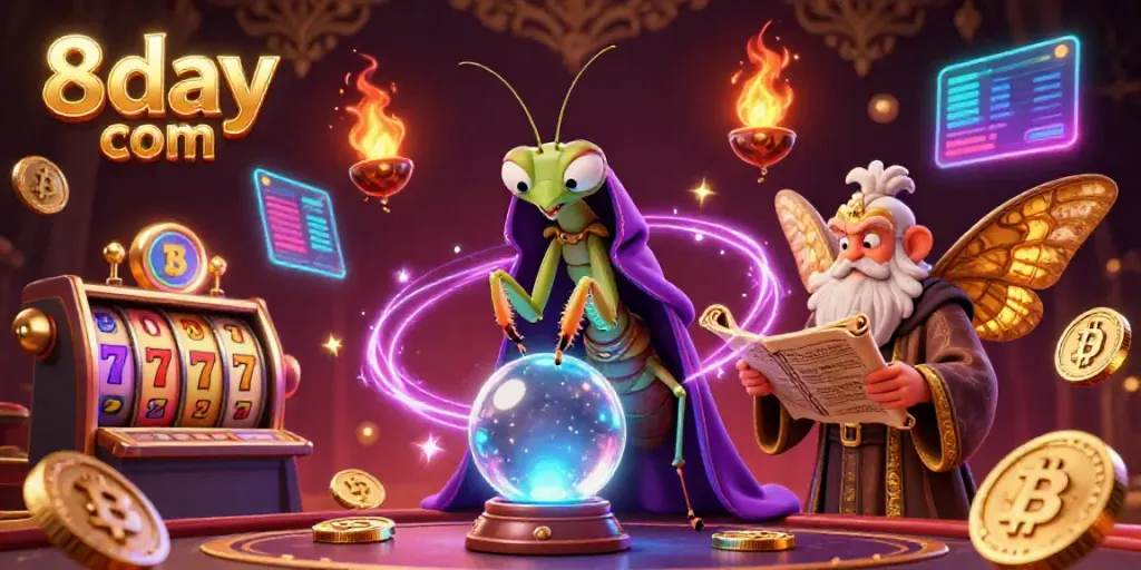 Experience thrilling casino action with 8day com's vibrant atmosphere featuring animated characters and glowing crypto elements.