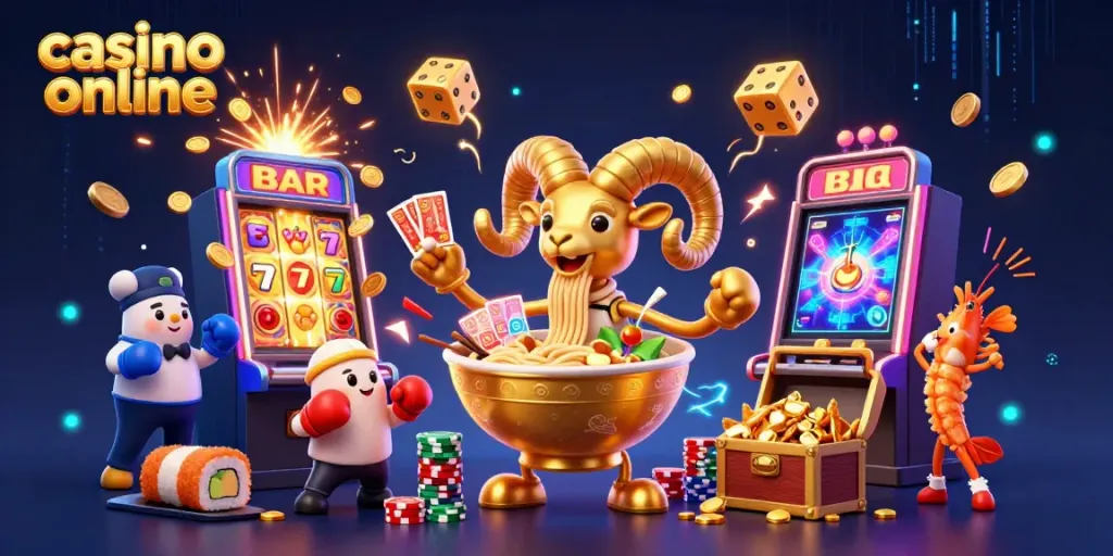 Experience the vibrant action of casino online with a unique ramen bowl dealer amidst a jackpot explosion.