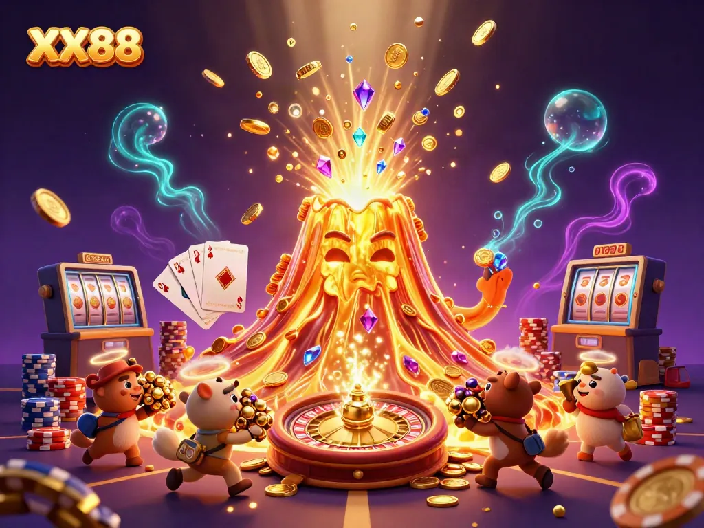 Experience the thrill of XX88 with a vibrant, treasure-filled casino eruption scene showcasing winning symbols and characters.