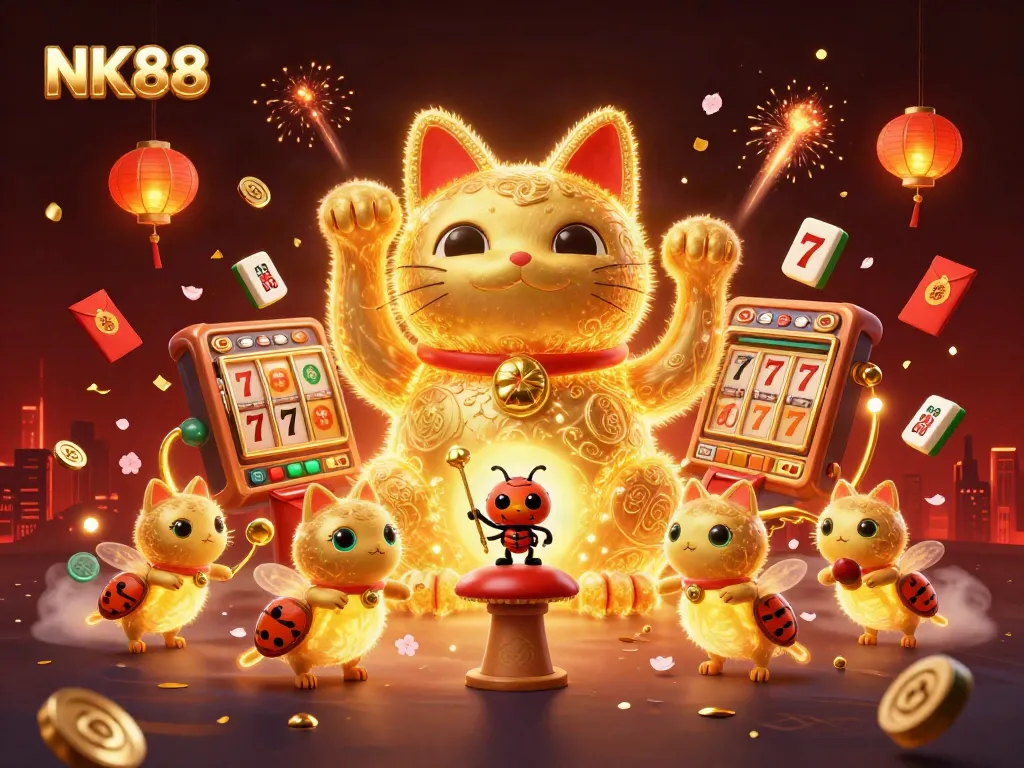 Experience vibrant casino energy with NK88's lucky cat and festive symbols.