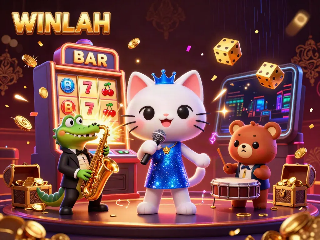 WINLAH’s vibrant casino illustration showcases a cat singer, crocodile, and bear, celebrating with jackpot excitement.