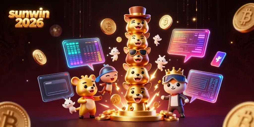 Engage with sunwin 2026 in this vibrant 3D illustration showcasing lively casino elements and dynamic characters.