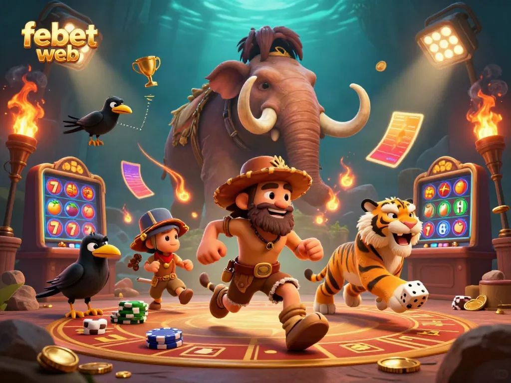 Play thrilling games at febet web with a vibrant prehistoric casino scene featuring lively characters.