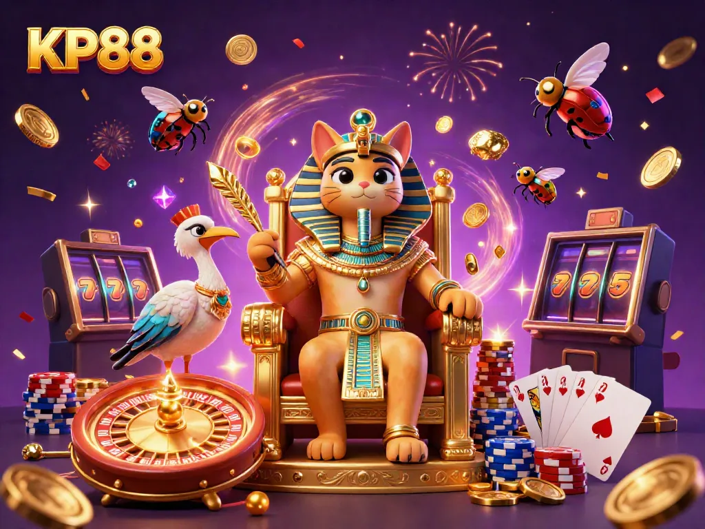 Experience the thrill of KP88 with an Egyptian pharaoh cat and a vibrant casino scene