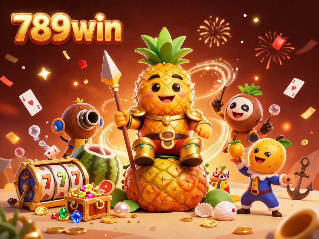 Engaging scene of a golden pineapple king on a beach casino throne promoting 789win with colorful slot elements.