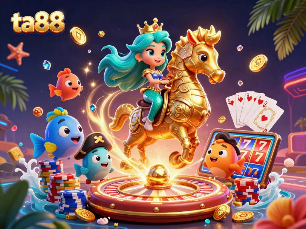 Engage in thrilling gameplay at ta88 with a vibrant 3D casino illustration showcasing dynamic characters and elements.