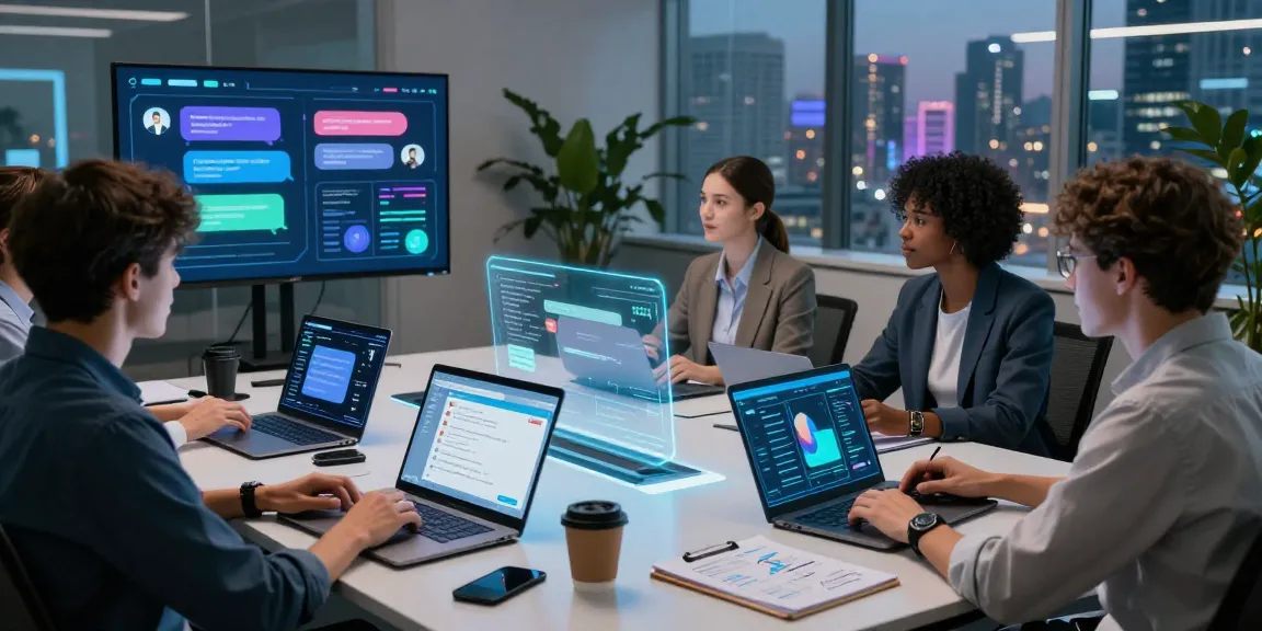 Diverse professionals collaborating in a dynamic workspace on nsfw ai chat concepts, featuring holographic displays and laptops.