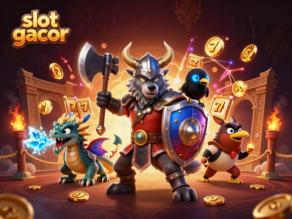 Engage with slot gacor through a vibrant 3D illustration featuring a Viking wolf warrior, dragon, and raven amidst slot symbols.