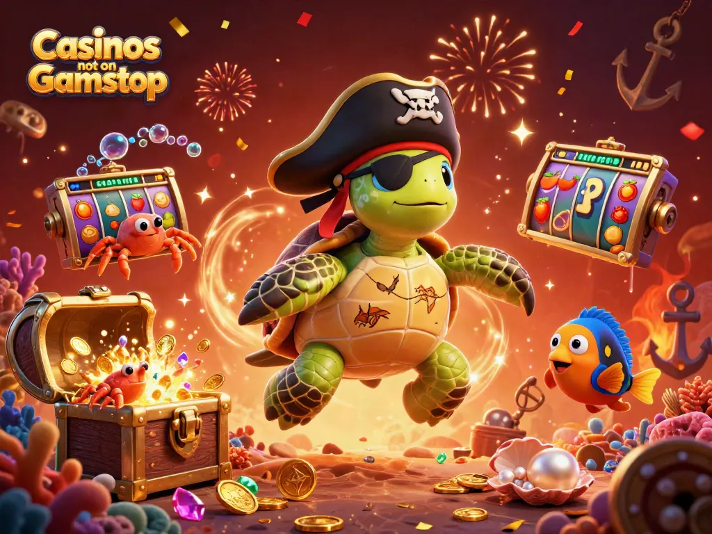 Engage with Casinos not on Gamstop in a vibrant 3D cartoon scene showcasing a pirate turtle, treasure, and casino elements.