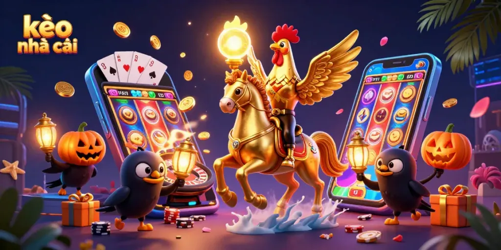 Bettors enjoy the kèo nhà cái experience featuring a golden rooster and casino elements amidst a dynamic backdrop.