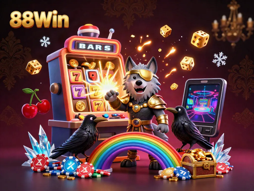 Experience the exhilarating 88Win casino adventure with Odin and his ravens amidst a vibrant jackpot atmosphere.
