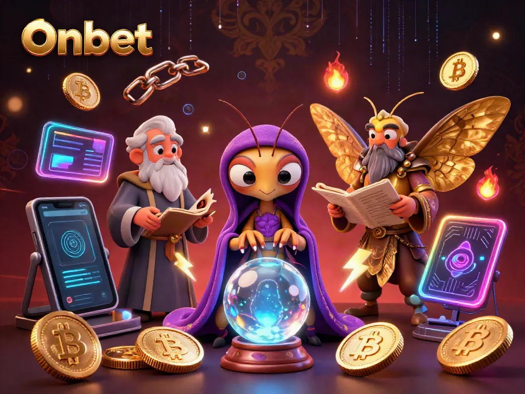 Experience the mystique of Onbet with a 3D fortune teller and digital currency elements.