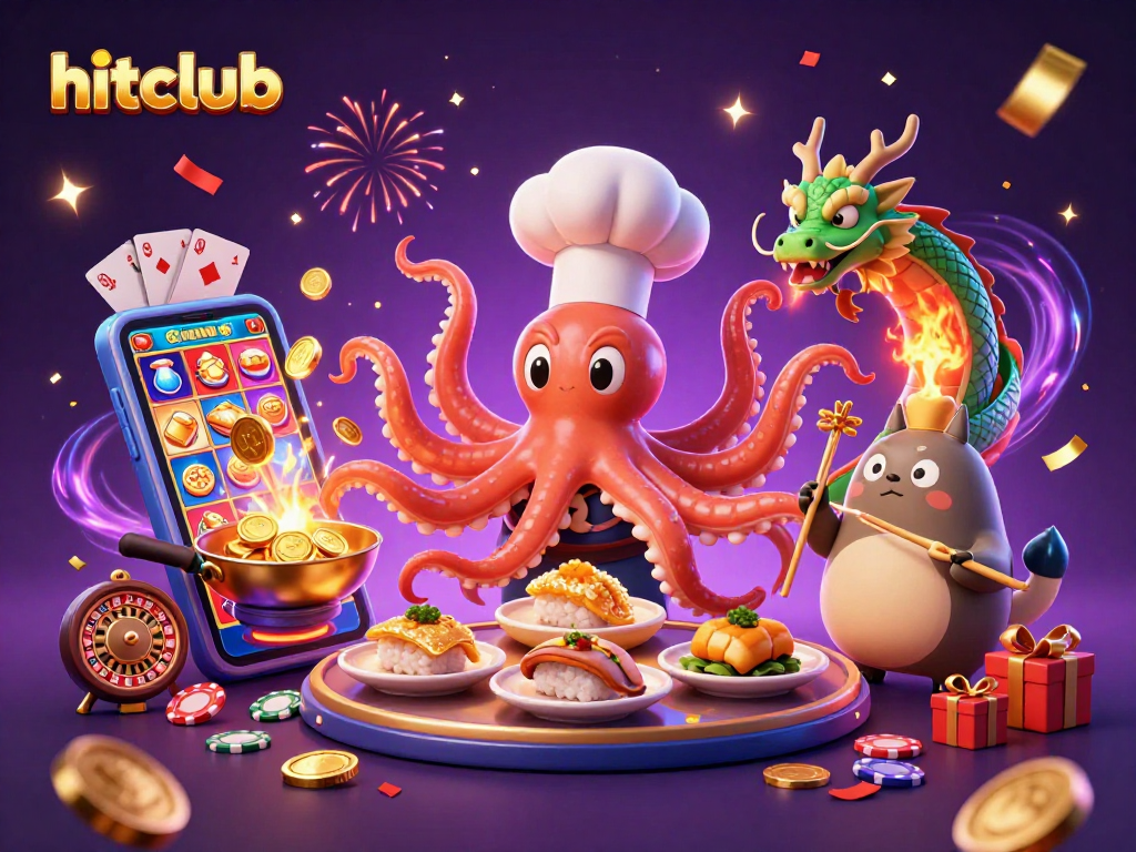 Hitclub offers a vibrant casino scene with an octopus chef, dragon, and tanuki, creating excitement.