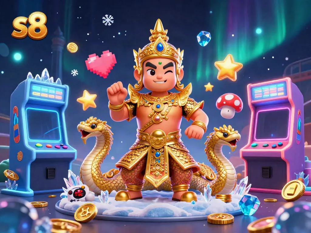 Experience captivating gaming action with s8 and engaging characters amid colorful casino-themed elements.