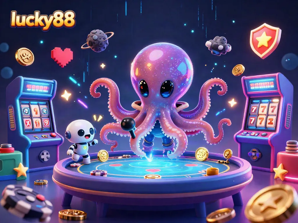 Engage with the exciting lucky88 online casino, featuring dynamic 3D characters surrounded by immersive gaming elements.