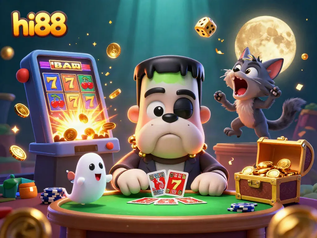hi88 players enjoy thrilling wins at a spooky casino table with vibrant, animated elements.