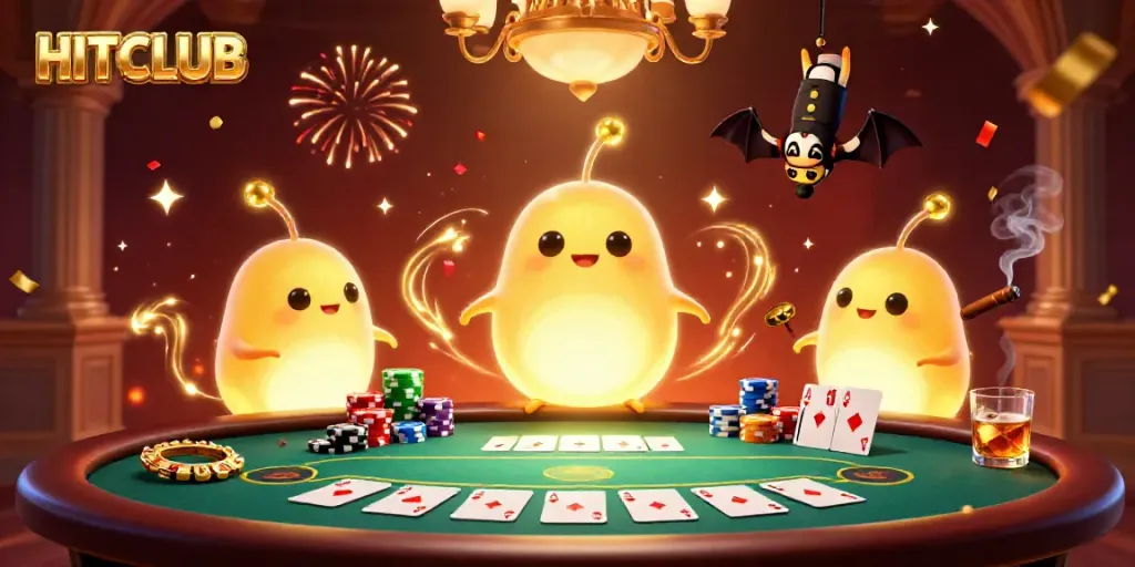 Experience the excitement of HITCLUB with lively glowworms illuminating a dynamic poker scene in this captivating casino illustration.