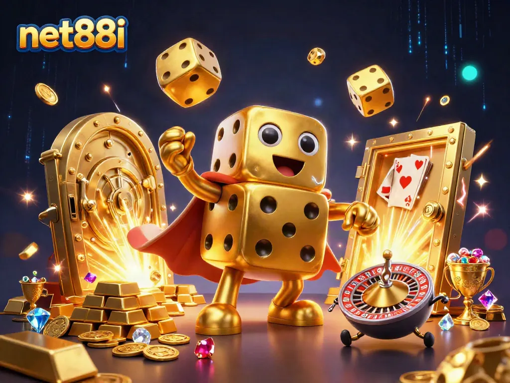 Net88i enthusiasts take their chances with 3D magical dice golem juggling treasures in a dazzling casino.