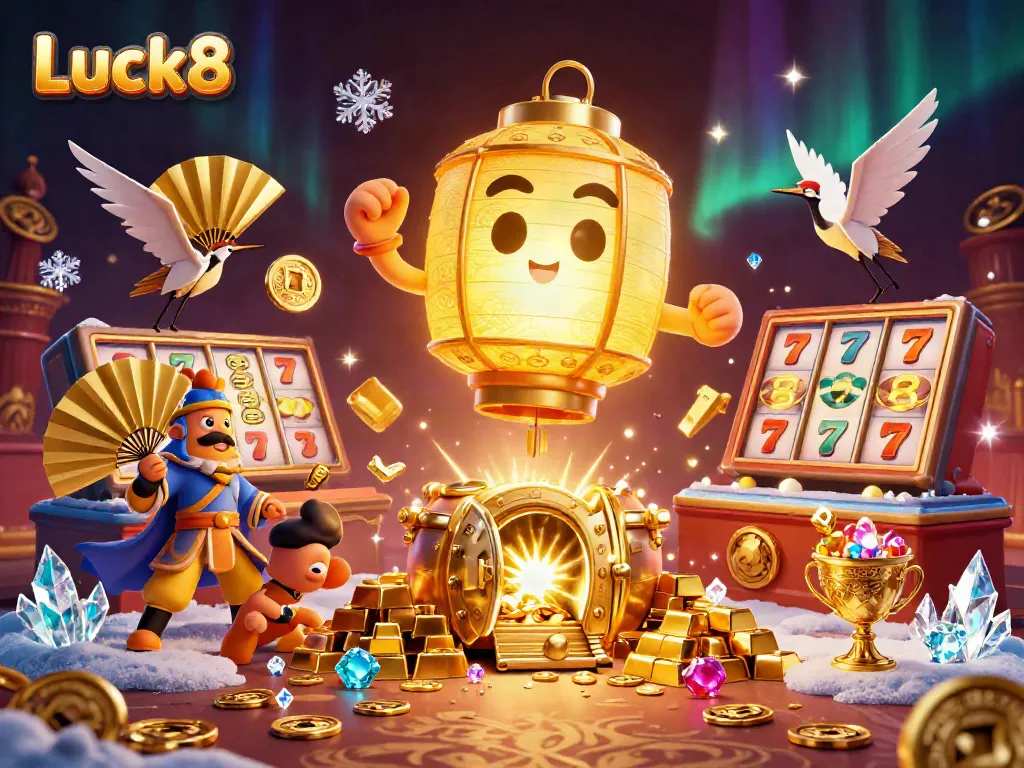 Join the excitement at Luck8 with golden treasures, slot games, and vibrant casino characters.