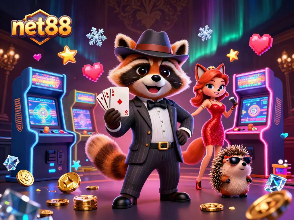 Experience the excitement of net88 with a raccoon, fox, and hedgehog in a thrilling casino scene.