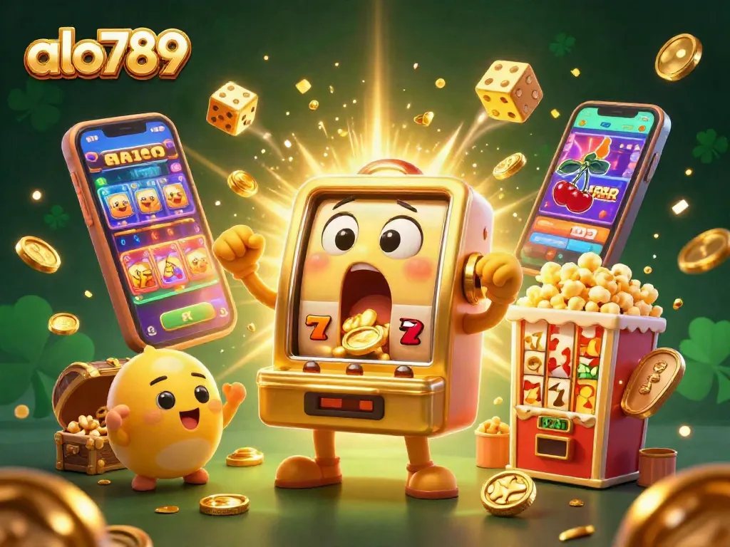 Alo789 slots machine celebrates a big win with cheering smaller machines, surrounded by a jackpot explosion, enhancing game excitement.