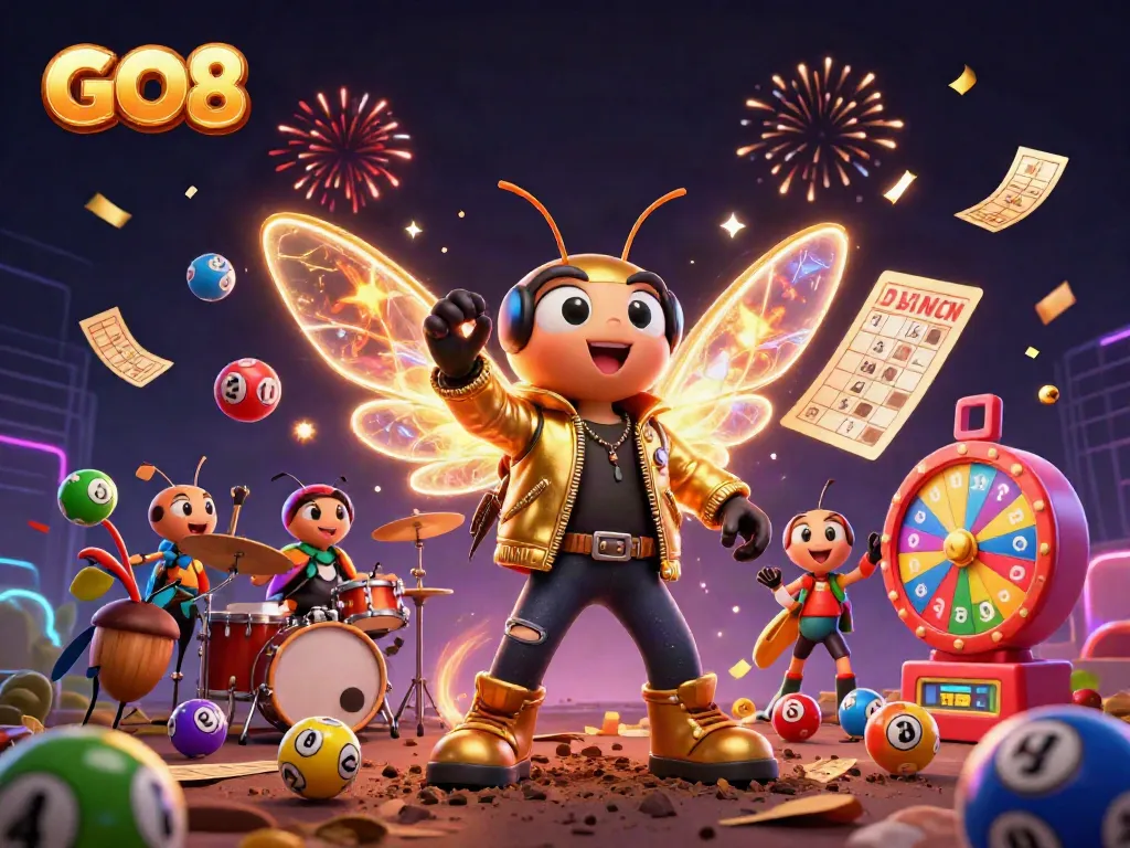 Experience the excitement of GO8 with its vibrant casino-themed 3D illustration filled with lottery fun.